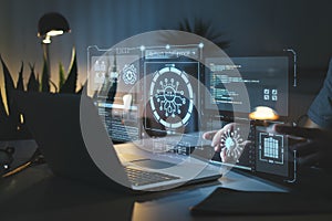 Advanced Artificial Intelligence Technology Futuristic Digital Interface Screen Modern Laptop Programmer Working Night