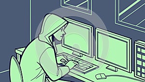 A person working with a multi-monitor setup in a tech environment, vector design Generative AI