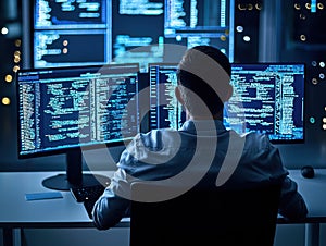 Person Working on Multiple Computer Screens with Code at Night