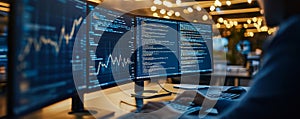 A person working on multiple computer screens displaying data and coding in a modern workspace