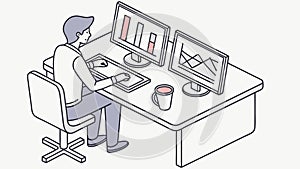 Person working on multiple screens, data analysis, vector design Generative AI