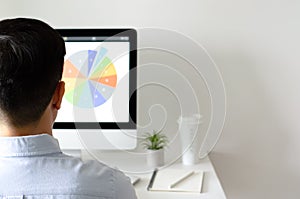 A person working at office with personal computer screen that have a coffee and tillandsia air plant with space for text on white