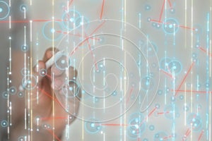 Person working with a virtual projection of futuristic digital data binary code