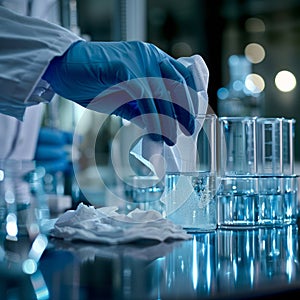 Person works with beakers filled with chemicals