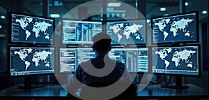 Person works in global security operation center. Multiple monitors display information related to global activity. Person photo