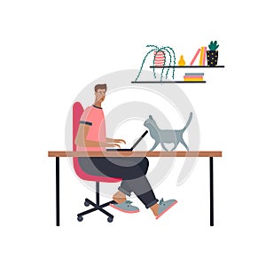 Person works home laptop flat vector illustration