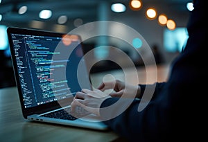 Person works on laptop late at night in office. Focused on coding. Person types code on laptop keyboard. Modern office