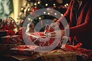 A person wrapping homemade gifts in front of a decorated tree, highlighting the personal touch of holiday gifting. Generative Ai