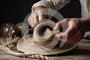 person, wrapping rope around their hand and making a secure cowbow hat from it