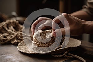 person, wrapping rope around their hand and making a secure cowbow hat from it