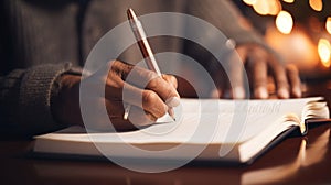 A person writing on a book with the pen in their hand, AI