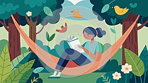 A person writing in a journal while relaxing in a hammock surrounded by trees and birdsong.. Vector illustration. photo