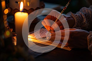 Person Writing on Paper With Lit Candle in Background