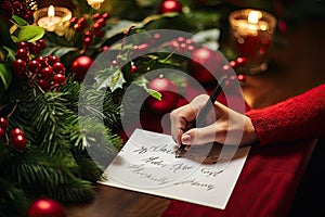 A person writing on a piece of paper next to a candle