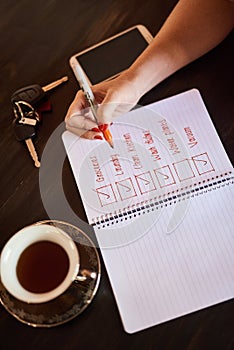 Person writing, tick or hands with notebook and schedule for daily routine, checklist with coffee. Above, organise and