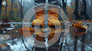 A person in yellow boots standing on a puddle of water, AI