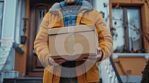 Person in a yellow coat delivering a taped cardboard box at a doorstep.