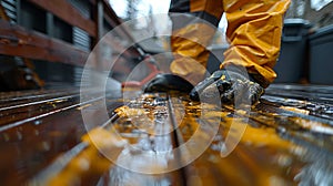 A person in yellow gloves is cleaning a wooden deck