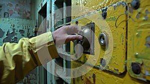 A person in yellow jacket opening a lock on an old jail cell, AI