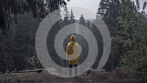 person in a yellow raincoat in a gloomy forest