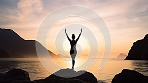 Person in yoga pose on a rocky shore at sunset