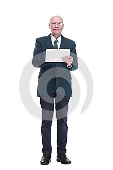 personable business man with a digital tablet. isolated on a white background.