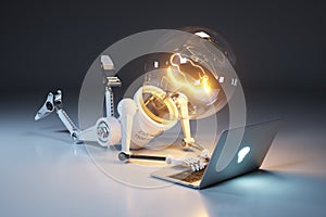 Personage light bulb robot and laptop. Search for idea. Concept
