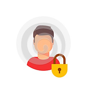 Personal account private protection or locked vector icon, flat cartoon person profile protected with closed lock