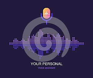Personal assistant and voice recognition concept. Microphone button with bright voice and sound imitation lines