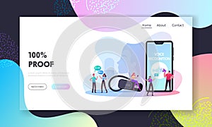 Personal Assistant and Voice Recognition Landing Page Template. Tiny Characters at Huge Mobile Phone