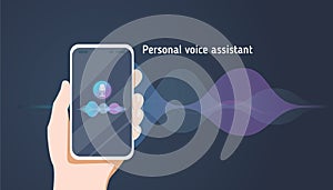 Personal assistant and voice recognition on mobile app. Concept flat vector illustration of human hand holds smartphone