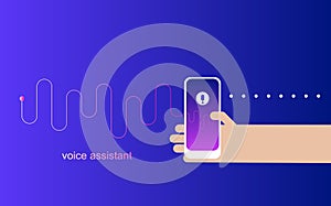 Personal assistant and voice recognition on mobile app.Voice intelligent.Technologies vector illustration of human hand holds smar