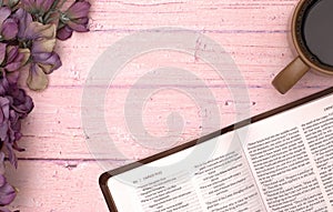 Personal Bible Study with a Cup of Coffee on a Pink Table