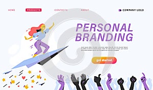 Personal brand design concept with business woman fly upwards on paper plane, like thumb up icons, human hands celebrate and appla