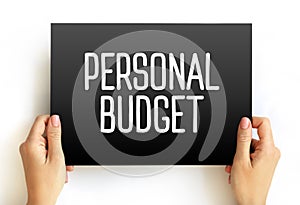 Personal Budget - finance plan that allocates future personal income towards expenses, savings and debt repayment, text concept on