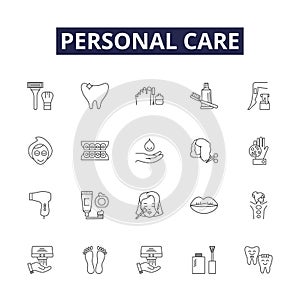 Personal care line vector icons and signs. Hygiene, Dieting, Exercise, Bathing, Skincare, Haircare, Oralcare, Makeup