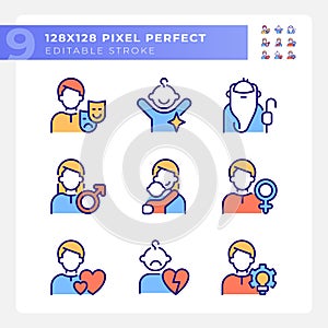 Personal characteristics pixel perfect RGB color icons set
