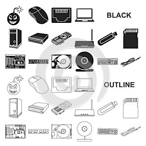 Personal computer black icons in set collection for design. Equipment and accessories vector symbol stock web