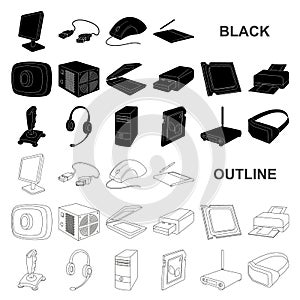 Personal computer black icons in set collection for design. Equipment and accessories vector symbol stock web