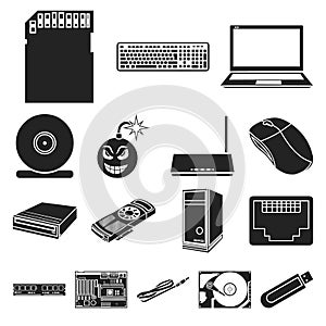 Personal computer black icons in set collection for design. Equipment and accessories vector symbol stock web