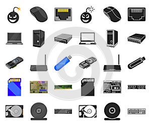 Personal computer cartoon,black icons in set collection for design. Equipment and accessories vector symbol stock web