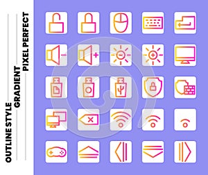 Personal computer icon set outline style with gradient and pixel perfect