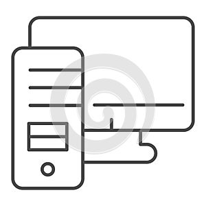 Personal computer thin line icon. Workstation case with monitor symbol, outline style pictogram on white background