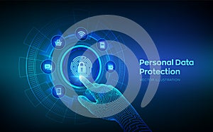 Personal Data protection business concept on virtual screen. Cyber Security. Fingerprint with padlock icon. Private secure and