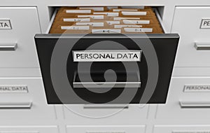 Personal data protection concept. Cabinet full of files and folders. 3D rendered illustration