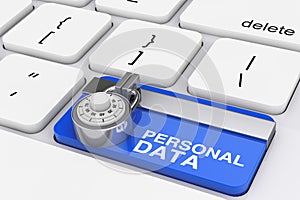 Personal Data Protection Concept. Padlock over Computer Keyboard with Blue Locked Personal Data Key. 3d Rendering