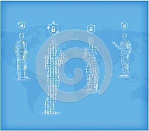 Personal Data Protection concept. The people standing under the symbol of protection on the world map background.