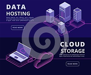 Personal data protection, hosting solutions, computer synchronization, data networking vector banners set with isometric