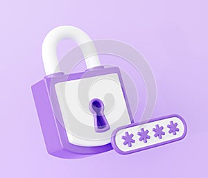 Personal data secure 3d render - closed padlock and password field.