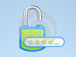 Personal data secure 3d render - open padlock and password field with incomplete passcode entry.